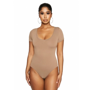 Slim fit coffee brown U-neck long sleeve bodysuit for women in soft stretch cotton