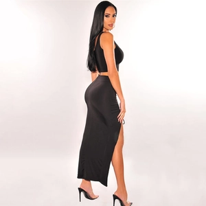 Chic black two-piece set featuring a slim-fit crop top and high-slit long skirt