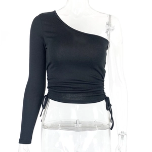 Slim fit black one shoulder long sleeve crop top with side drawstring details