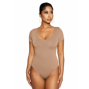 Sexy Women U Neck Short Sleeve Bodysuit Slim Fit Rayon Spandex Solid Color Stretchy Basic Jumpsuit Daily Yoga Leotard Top