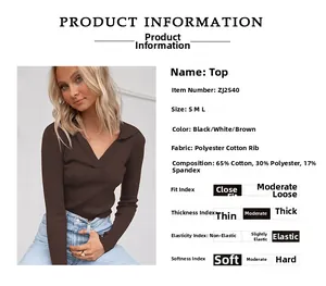 Detailed size chart for V-neck ribbed long sleeve top in coffee brown knit fabric