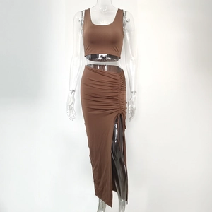 Detail of coffee brown two-piece set featuring adjustable drawstring ruched slit skirt