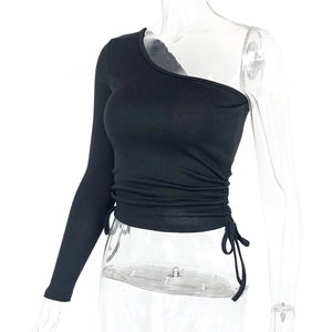 Close-up of black one-shoulder long sleeve top with side drawstring ruching detail