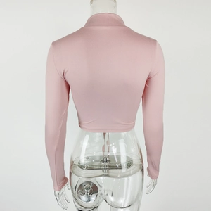 Detail view of the back of a light pink high neck long sleeve cropped knit top