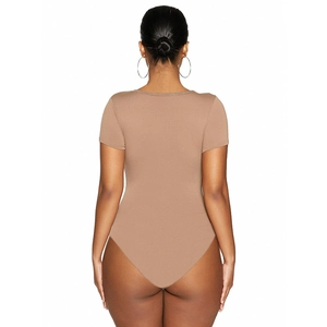 Detailed back view of a slim fit nude bodysuit showing the high elasticity ribbed fabric