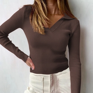 Französischer Stil Elegant Polokragen Langarm T-Shirt Damen Slim Fit V-Ausschnitt Gerippter Strickpullover Viskose Elasthan Top