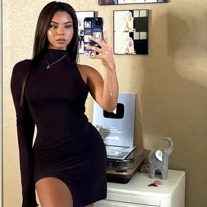 Slim fit chocolate brown one-shoulder dress with high neck and side slit detail