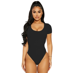 Slim fit black short sleeve bodysuit with U-neckline in premium stretch cotton fabric
