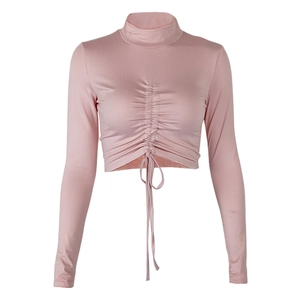 Pink long sleeve crop top with turtleneck and adjustable drawstring ruched front