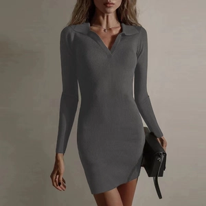 Slim fit dark gray ribbed knit mini dress with polo collar and long sleeves