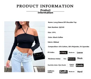 Detail view of ribbed cotton off-shoulder top with halter neck straps and long sleeves