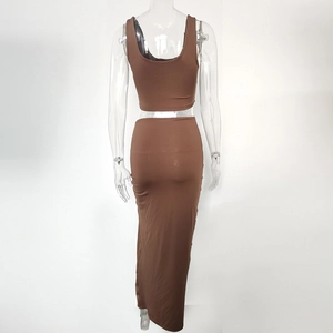 Back view of brown two-piece slim fit set with U-neck crop top and high waist maxi skirt