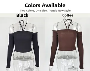 Detail of ribbed off-shoulder halter tops in black and coffee brown on mannequins