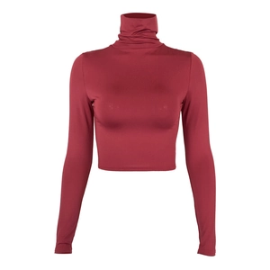 Slim fit burgundy long sleeve crop top with high turtle neck for women 2025