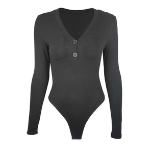 Slim fit black ribbed bodysuit with deep V-neck and decorative front buttons