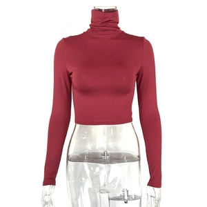 Detail view of burgundy slim fit turtleneck crop top with elastic knitted fabric texture