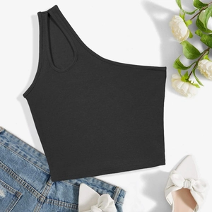 Top corto nero a coste monospalla da donna con dettaglio cut-out a goccia estivo