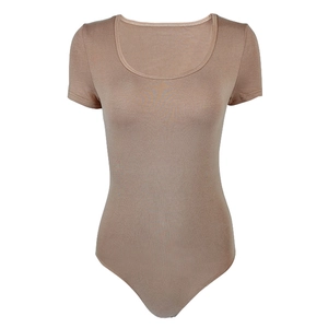Slim fit brown short sleeve bodysuit for women featuring a deep U-neck and elastic fabric