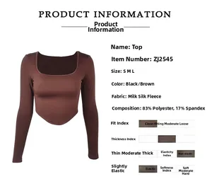 Brown long sleeve square neck crop top featuring a curved hem and soft brushed fabric