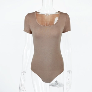 Detail of coffee brown U-neck short sleeve bodysuit with high elasticity ribbed fabric