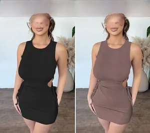 Detail view of ribbed knit mini dress with waist cut-outs and drawstring side details