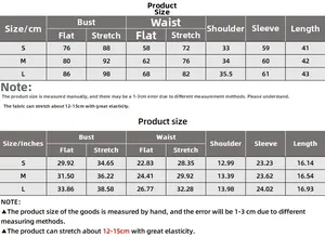 Detailed size chart for the slim fit long sleeve top with bust and waist dimensions