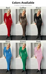 Long sleeve ribbed polo maxi dress with side slit detail shown in six various colors