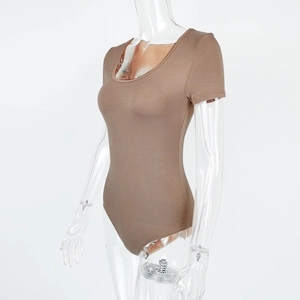 Close-up of the U-neck and ribbed fabric texture on this brown slim-fit bodysuit