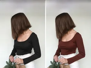 Detail view of slim fit square neck long sleeve tops in black and brown colors