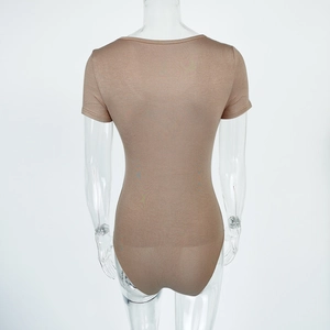 Rear view of brown short sleeve bodysuit on transparent mannequin showing snug fit