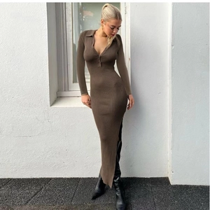 Elegant Women Polo Neck Ribbed Knit Midi Dress Slim Fit Long Sleeve Solid Color Button Slit Bodycon Autumn Winter Dress