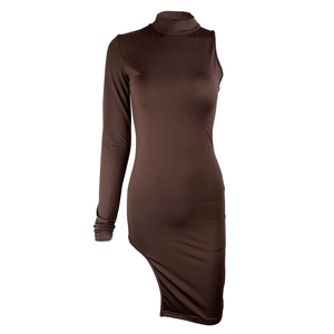 Detail of slim-fit brown dress with asymmetric long sleeve and slanted hemline