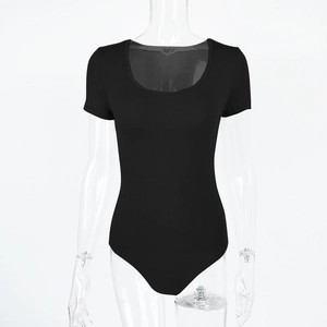 Close-up of black U-neck bodysuit featuring high-quality ribbed fabric and slim fit