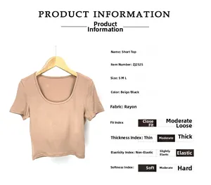 Detail view of ribbed crop top fabric with size chart and elasticity specifications