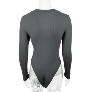 Rear view of dark grey ribbed knit bodysuit showing the tight fit and high-cut leg line