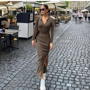 Slim fit mocha brown ribbed knit dress with polo collar and side slit for women