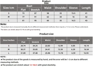 Size chart for women slim fit U-neck crop top in centimeters and inches for S M L