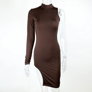 Slim fit chocolate brown mock neck one-shoulder long sleeve dress with asymmetric hem