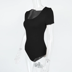 Detail view of black slim fit U-neck bodysuit on a mannequin with high elasticity fabric
