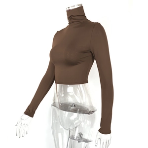 Side view of dark brown high-neck long sleeve crop top on a transparent mannequin