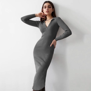 Robe Midi en Tricot à Côtes Style Français Col en V Profond Polo Femme Coupe Ajustée Manches Longues Élégante Robe Bodycon en Mélange Coton