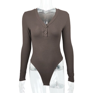 Detail of ribbed knit texture and buttoned V-neckline on brown long sleeve bodysuit