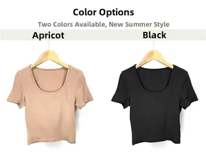 Detail view of basic U-neck short sleeve T-shirts in apricot and black colors