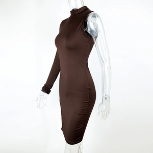 Detail of chocolate brown asymmetric mock neck dress with side slit and long sleeve