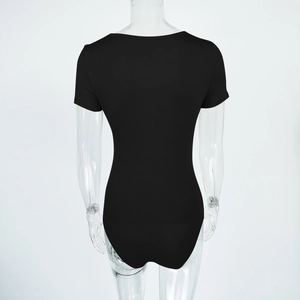 Rear view of black short sleeve bodysuit with a slim fit cut and round neckline