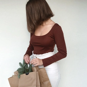 Slim fit long sleeve square neck crop top in rust brown with soft fleece lining
