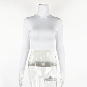 Detail of white high-neck long sleeve crop top with slim fit and elastic fabric texture