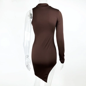 Detail of coffee brown asymmetric dress featuring single long sleeve and irregular hemline