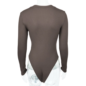 Detail of deep brown ribbed knit bodysuit showing the textured fabric and round neckline