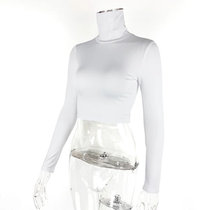 Detailed view of white slim fit cropped top with high turtleneck and long sleeves